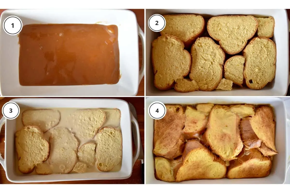process shots showing how to make recipe including the brown sugar mixture in the white casserole dish and slices of challah bread on top. 