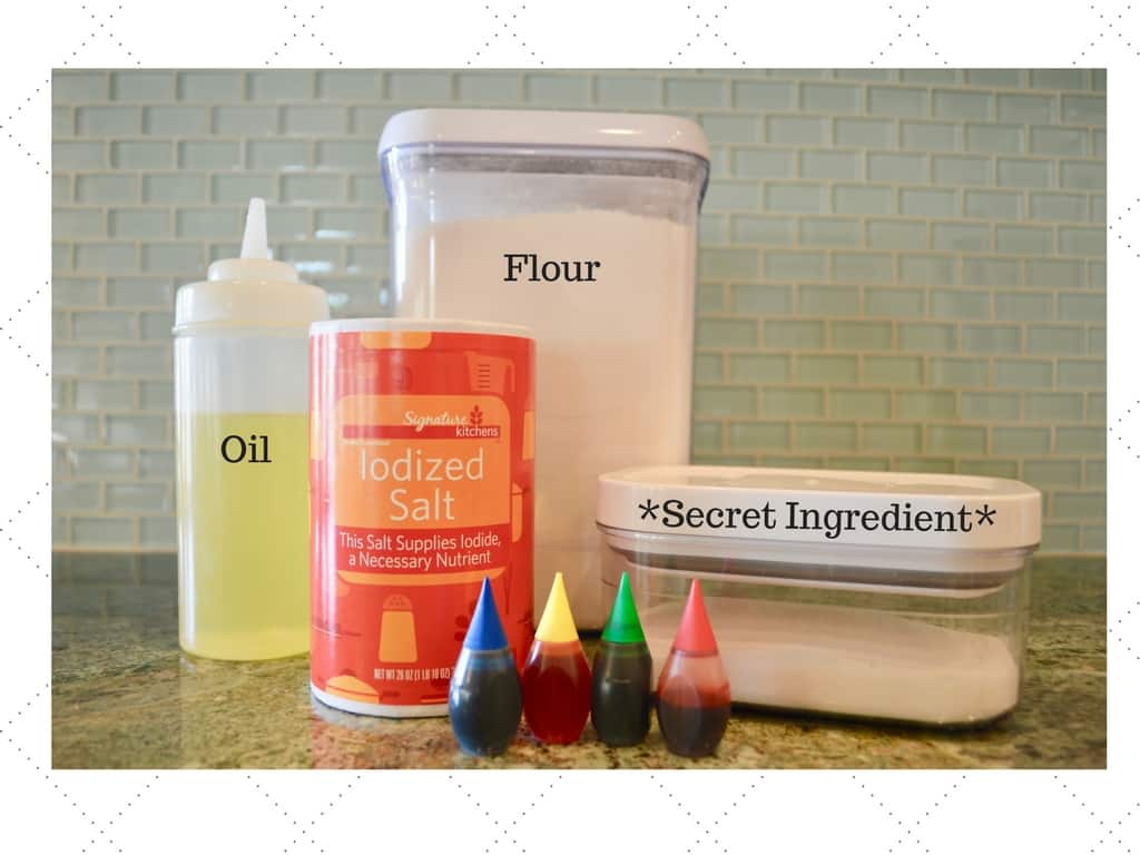 Ingredients for play doh like flour salt oil alum and food coloring