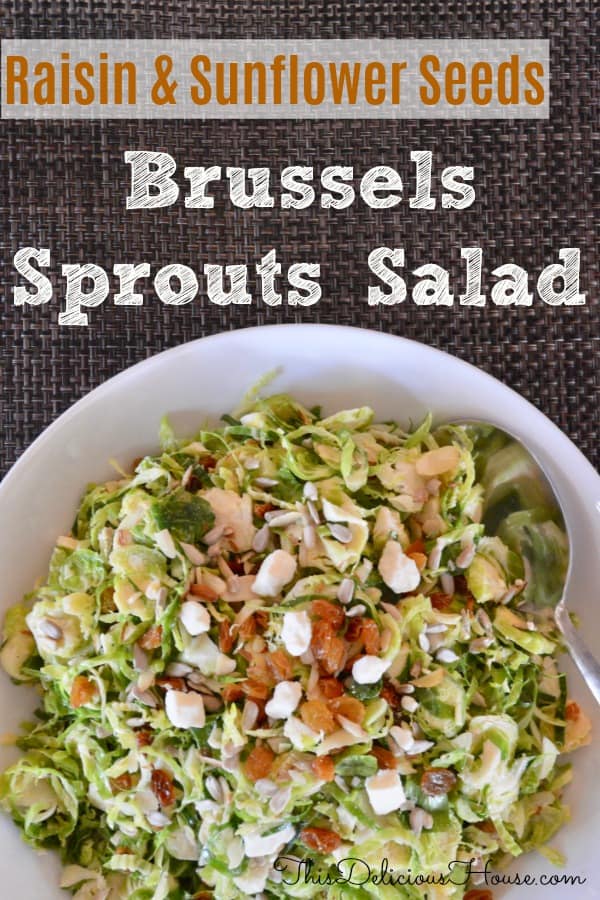 Brussels sprouts salad with raisins feta and sunflower seeds