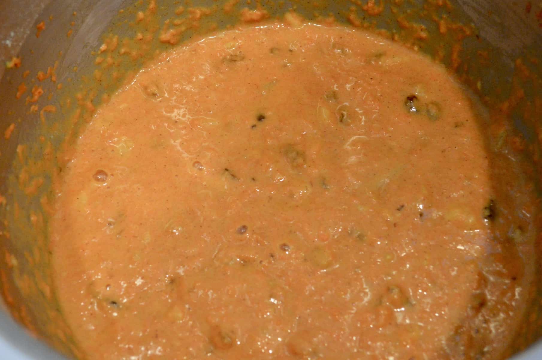 Carrot cake batter in a mixing bowl