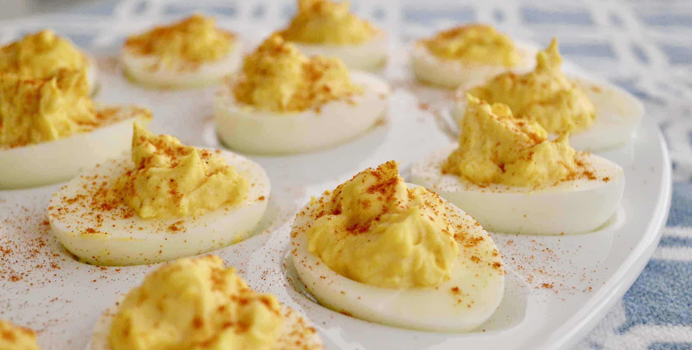 deviled eggs on a platter. 