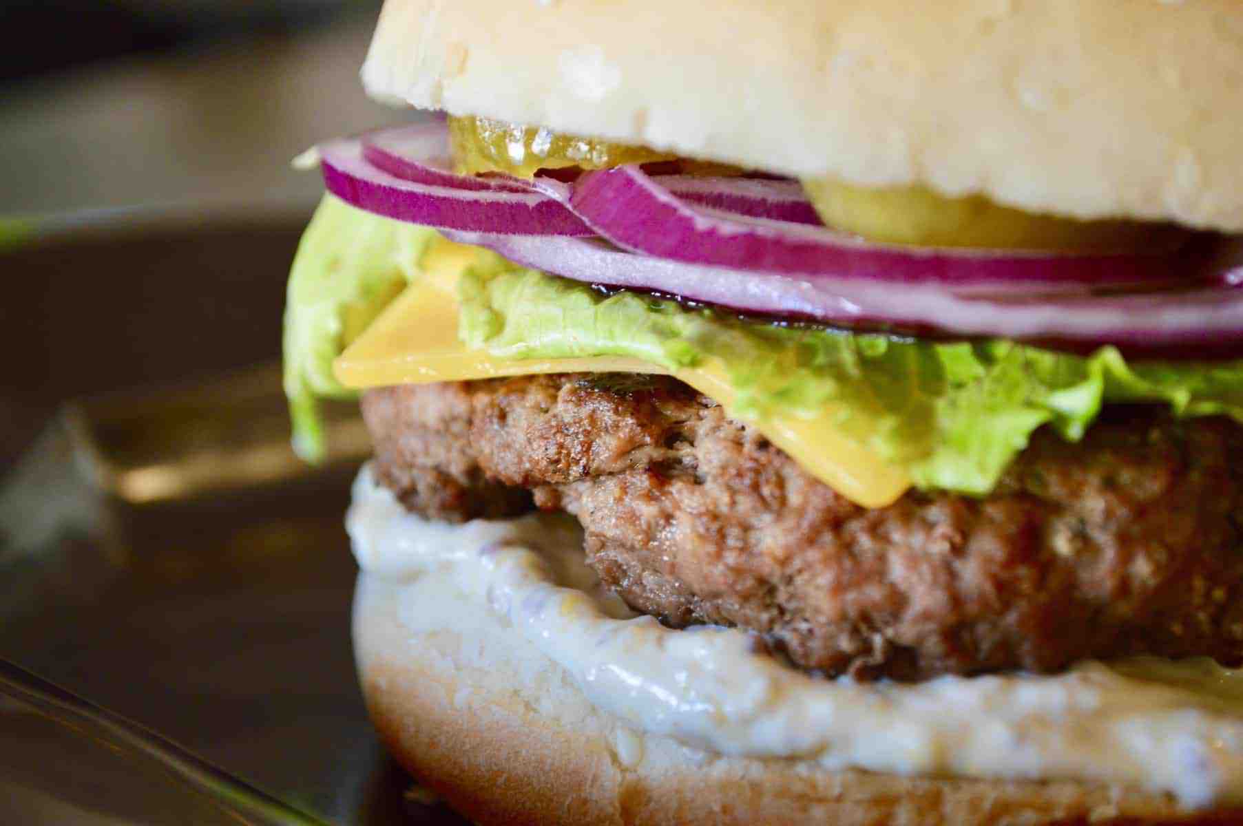 Cheeseburger close up with red onions and pickles. 