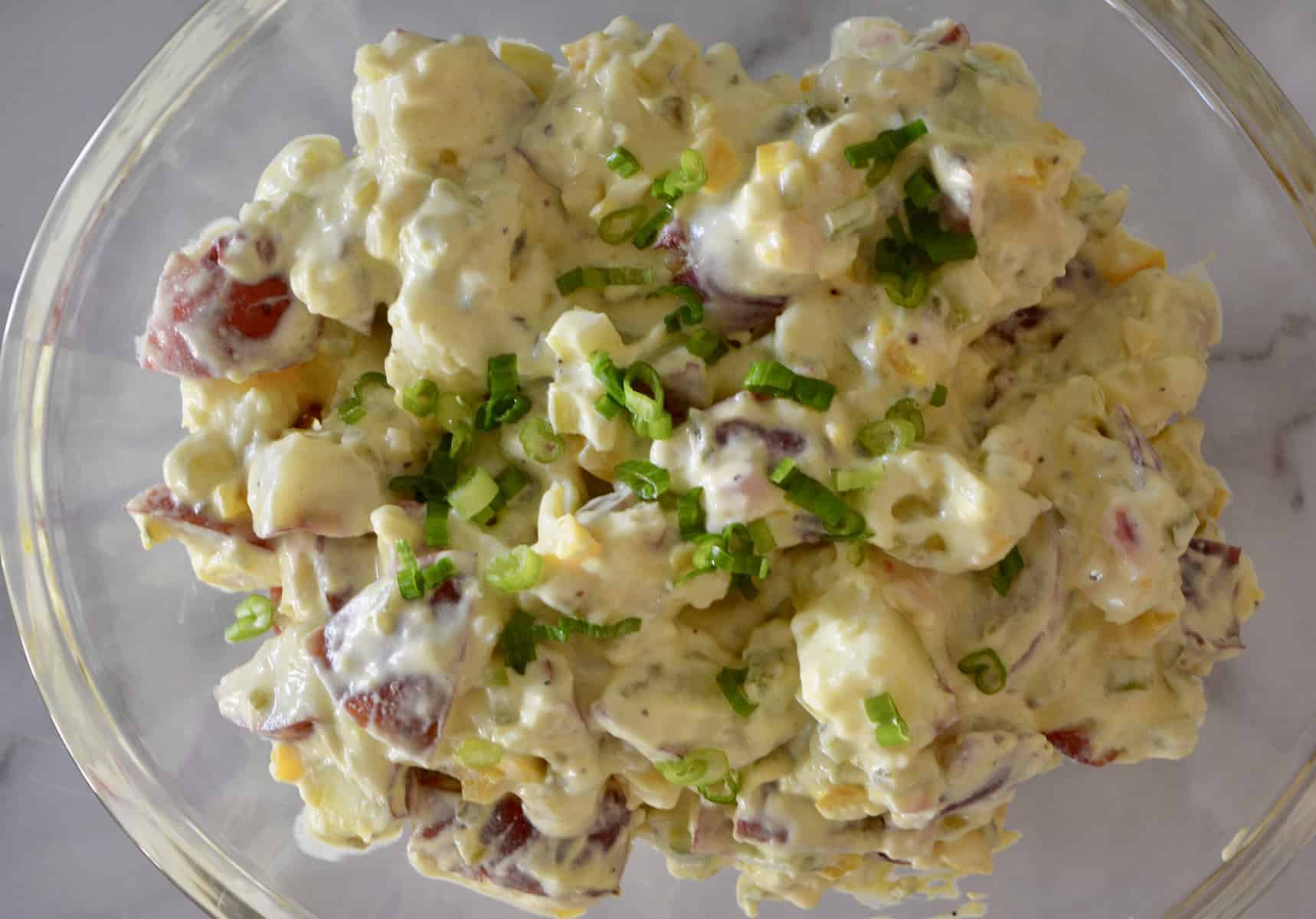 overhead view of potato salad.