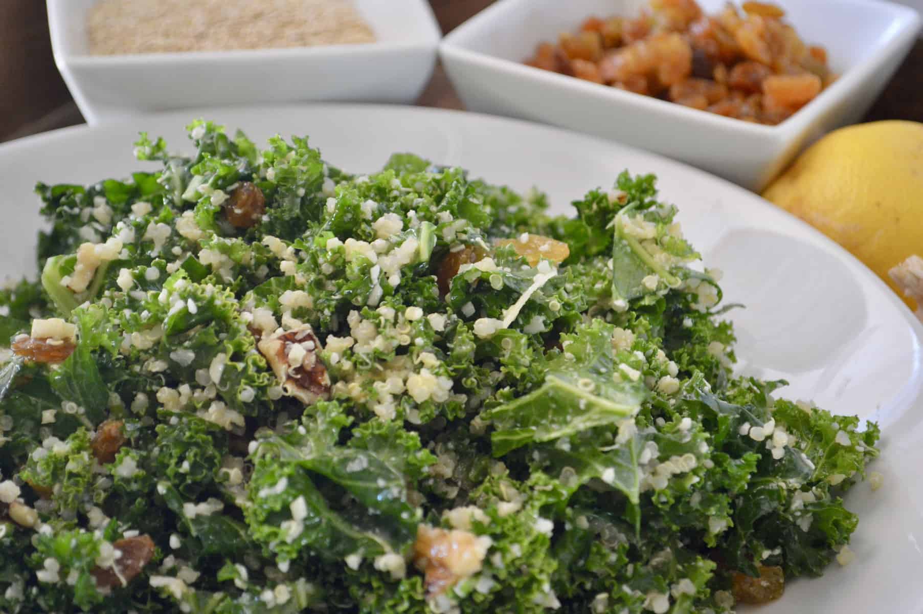 Kale Quinoa Salad with golden raisins and lemon for a baby shower menu