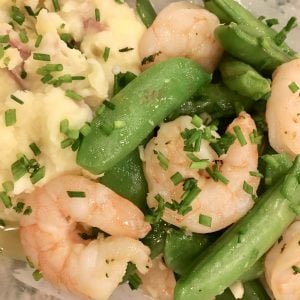 Garlic Shrimp, Snap Peas, and Mashed Potatoes