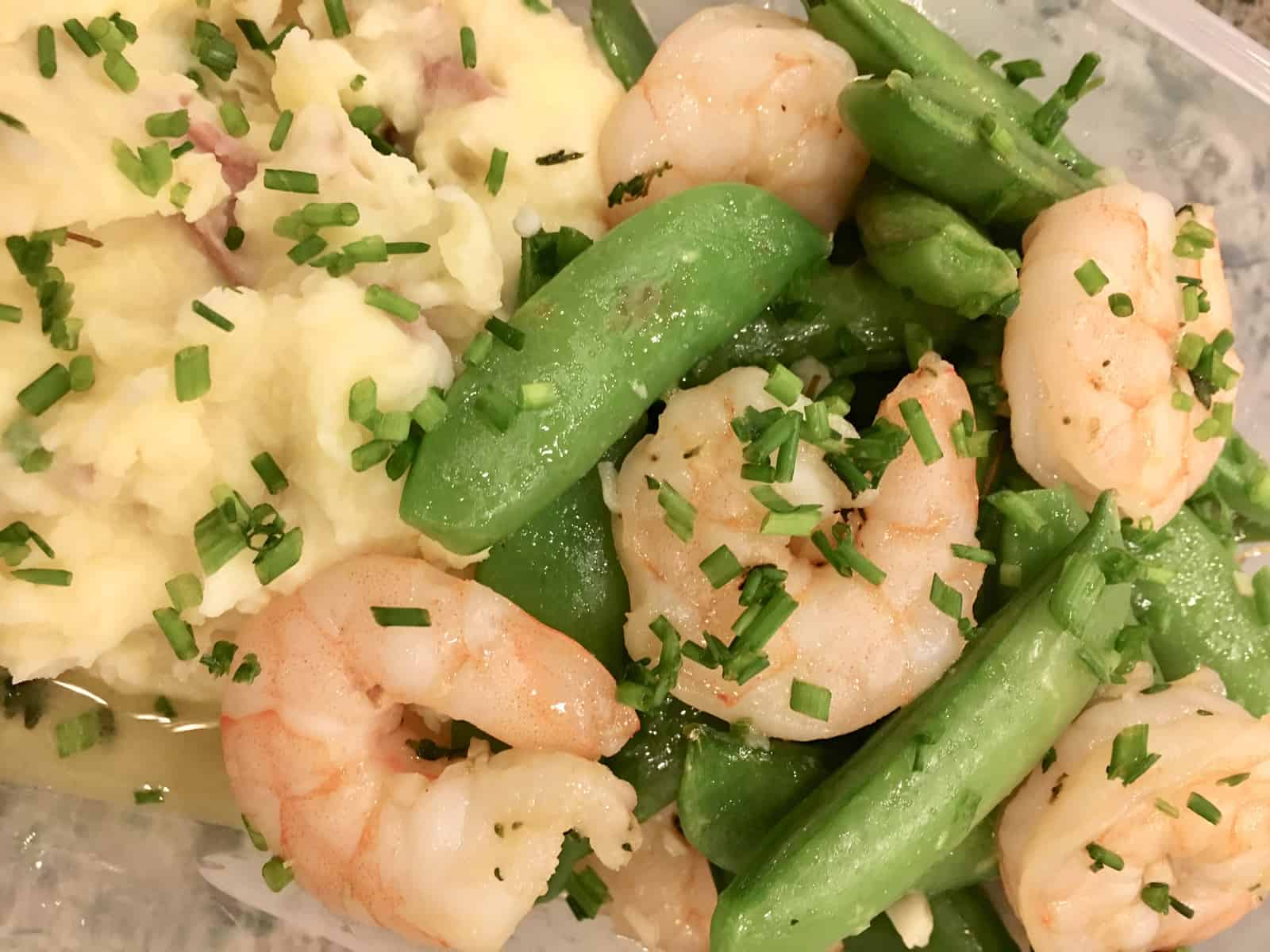 garlic shrimp with snap peas and potatoes