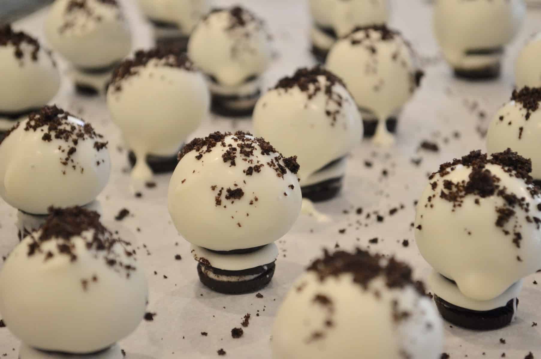 Cookies and Cream Oreo Truffles on a baking sheet 