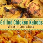 Grilled Chicken kabob skewers with turmeric, garlic, paprika, lemon, and oregano. Grilled with bell pepper and red onions.