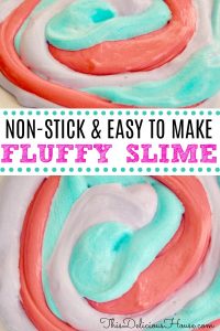 Non Sticky Fluffy Slime made with Elmers glue, water, baking soda, Barbasol shaving cream, and contact solution