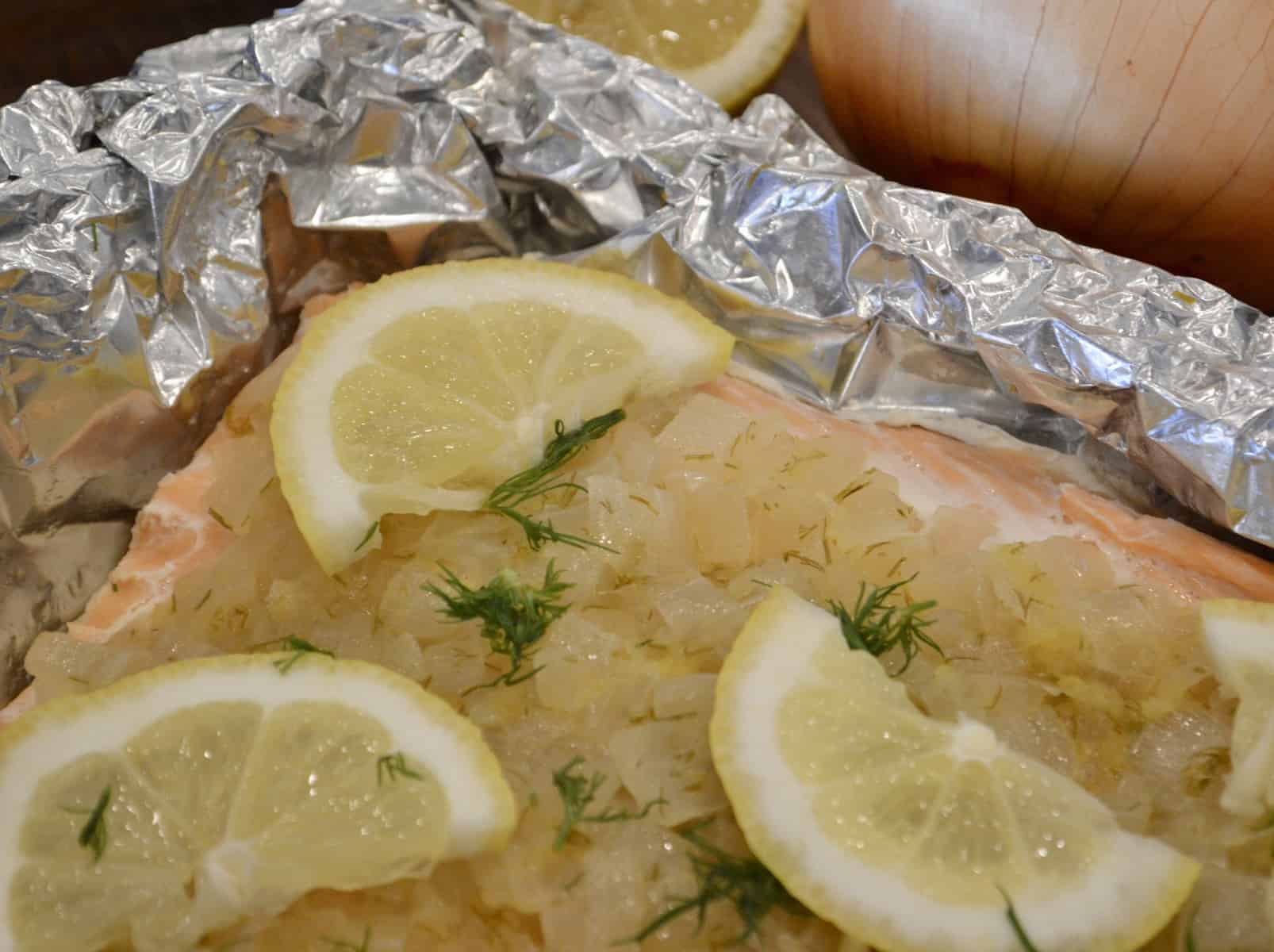 Salmon in Foil with caramelized onions lemon and dill