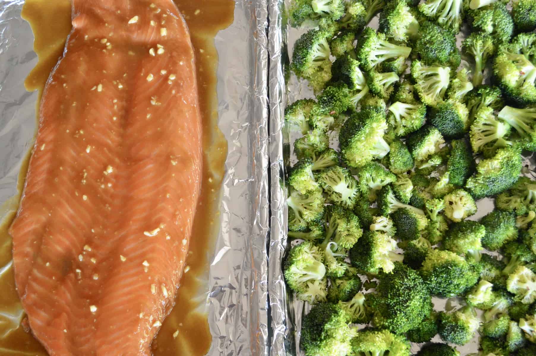 Meal Prep Salmon and Broccoli baked on foil sheet pans