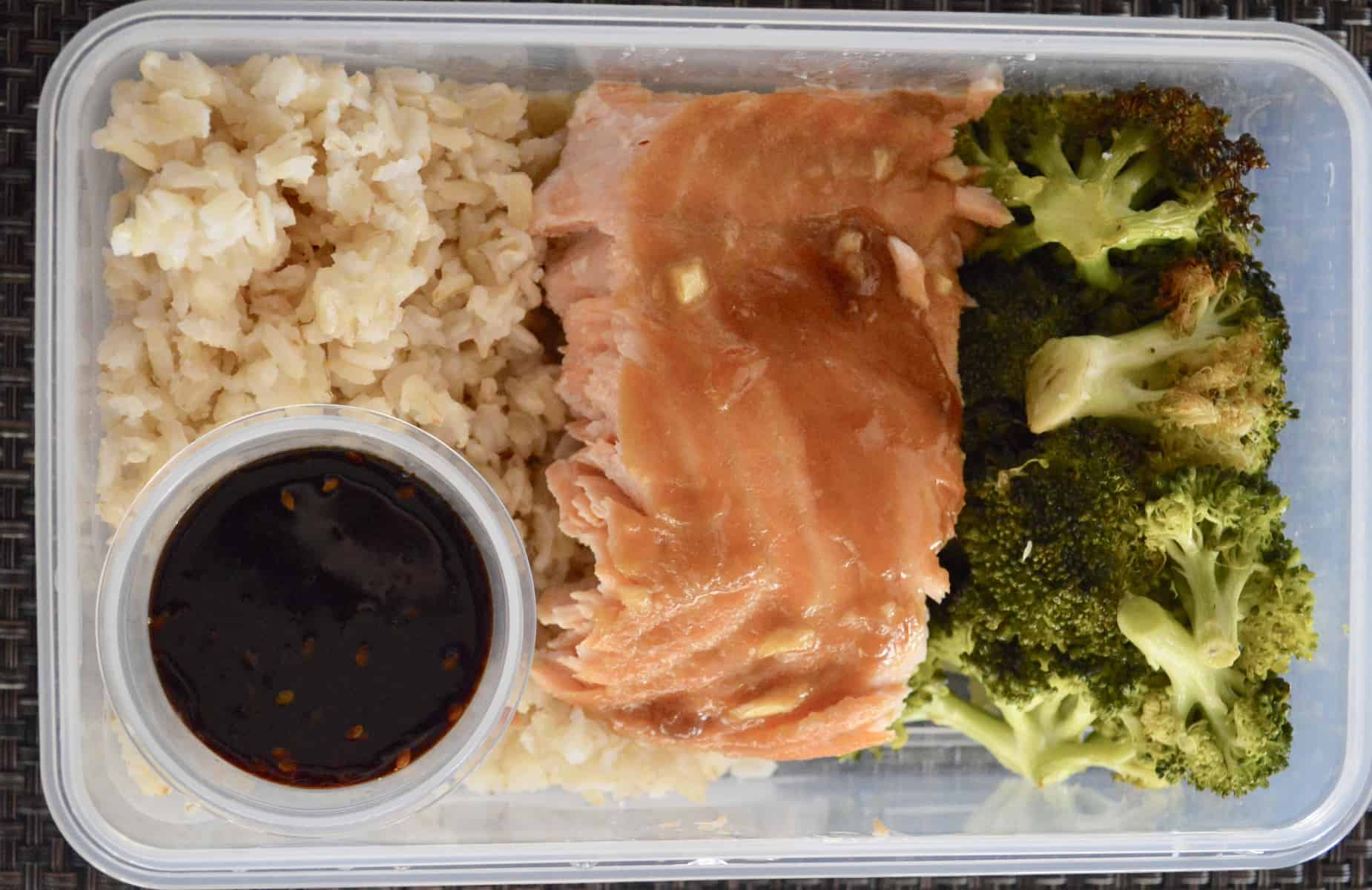 Meal Prep Salmon and Broccoli with teriyaki sauce for lunch 