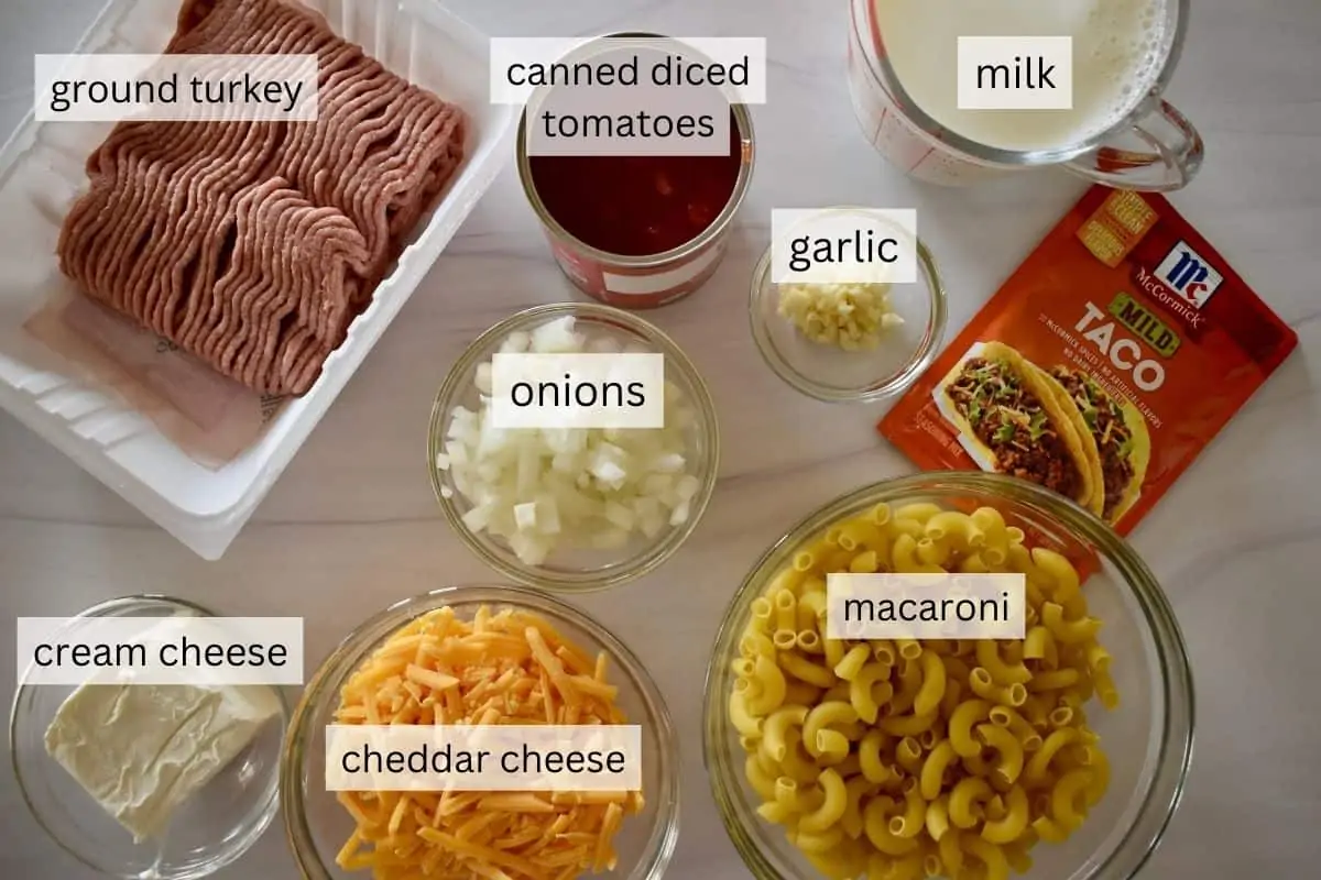 overhead photo of ingredients including cheddar cheese, canned tomatoes, and macaroni. 
