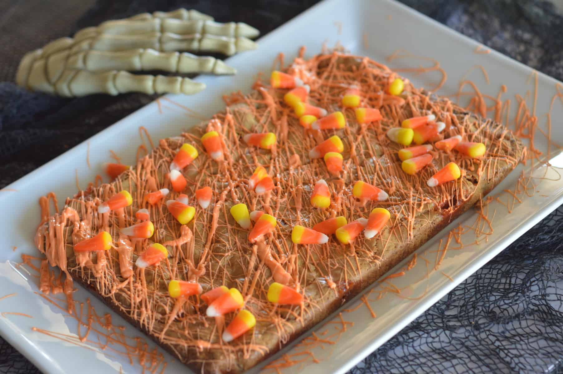 Candy Corn Blondies on white tray. 