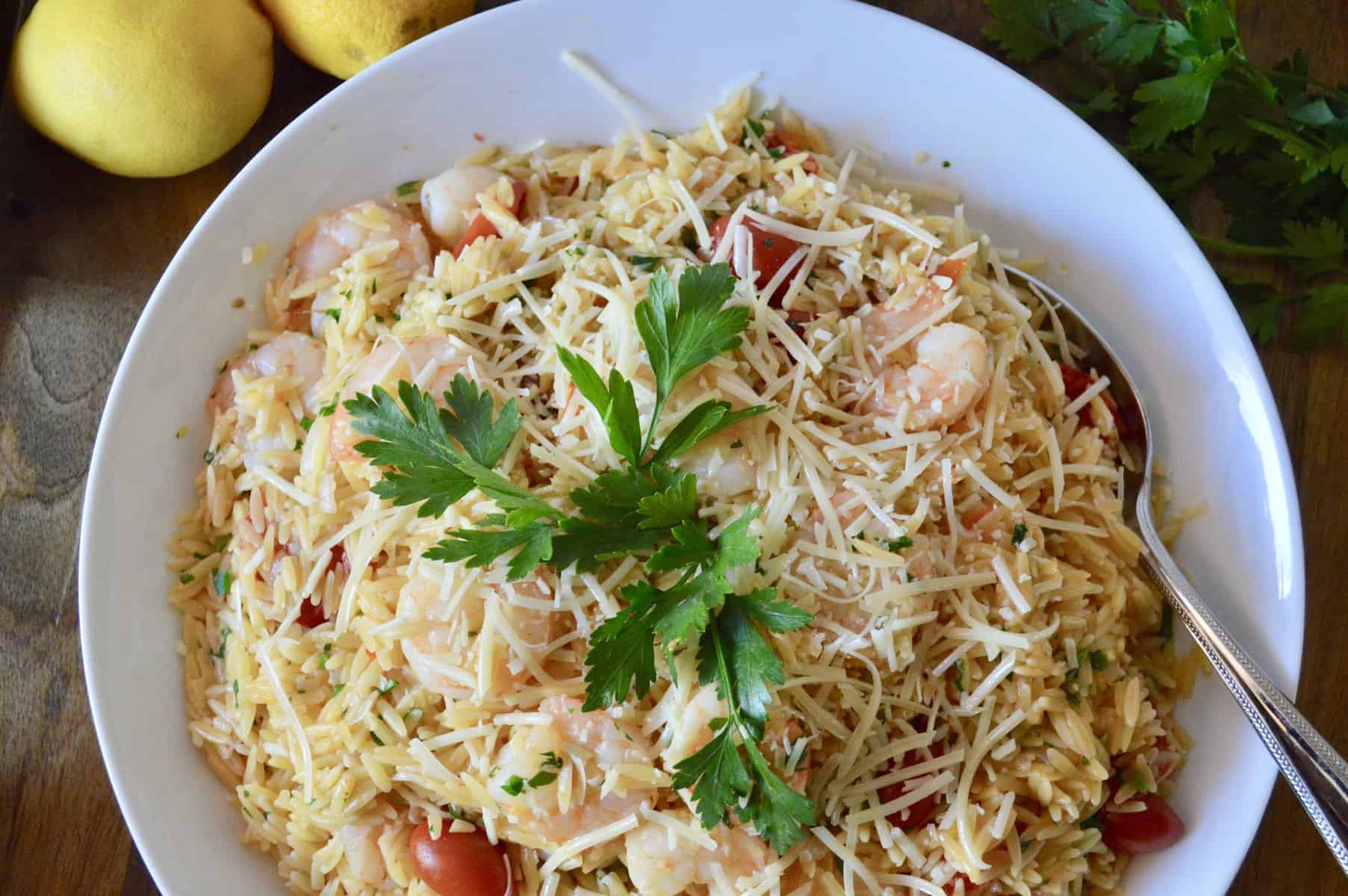 overheat photo fo One Pot Shrimp Orzo with Lemon and Parsley in a white bowl. 