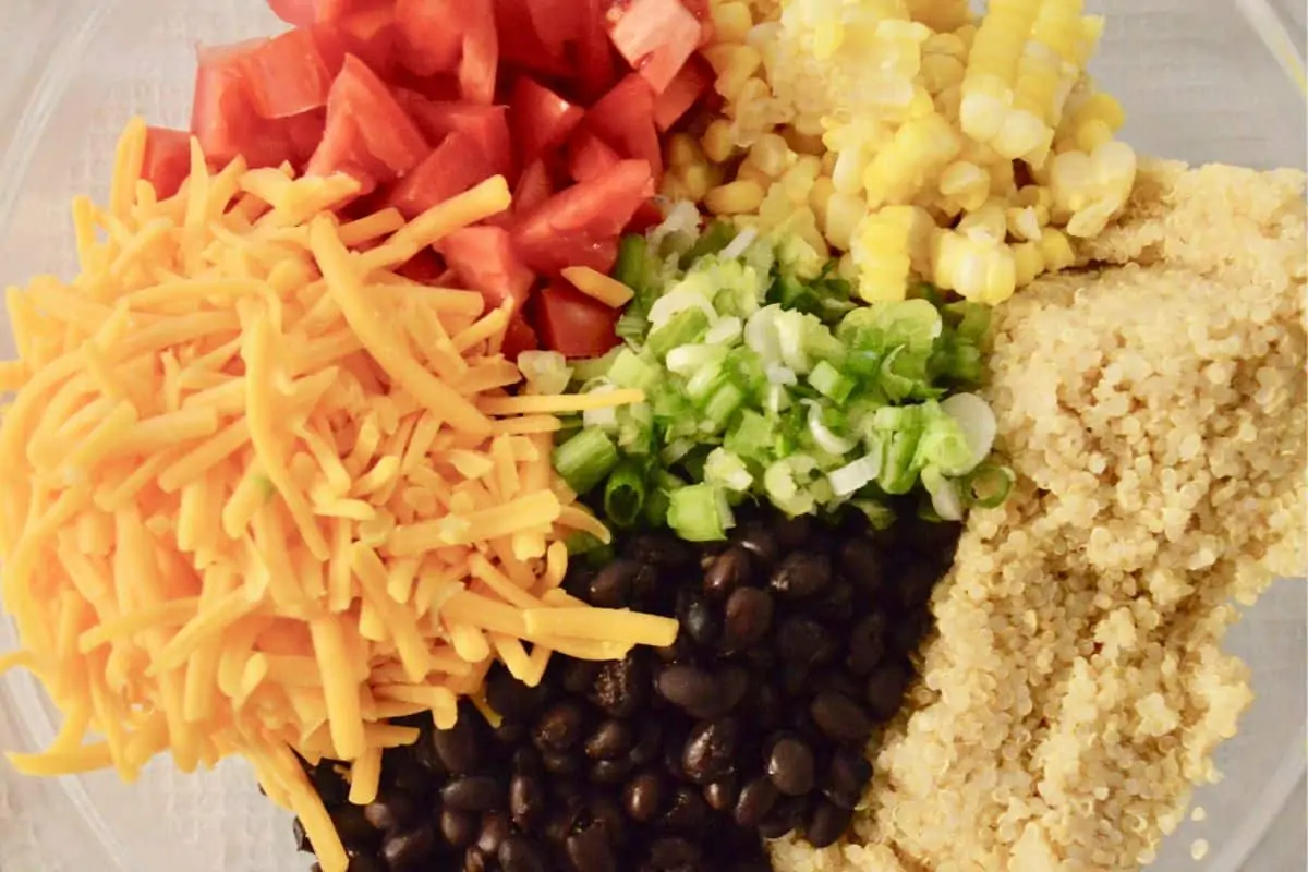 Ingredients for recipe in a large glass bowl. 