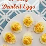 Deviled eggs on a plate with a blue and white background