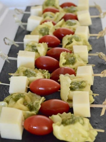 Pesto Tortellini Skewers for party appetizer