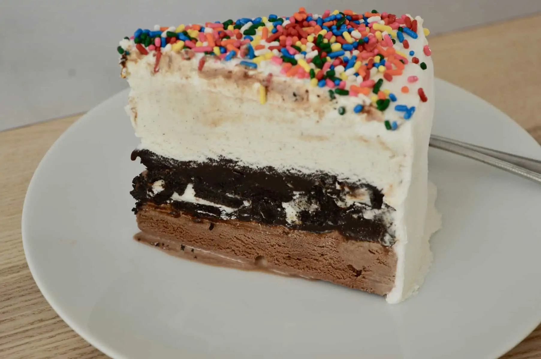 slice of ice cream cake on a white plate. 