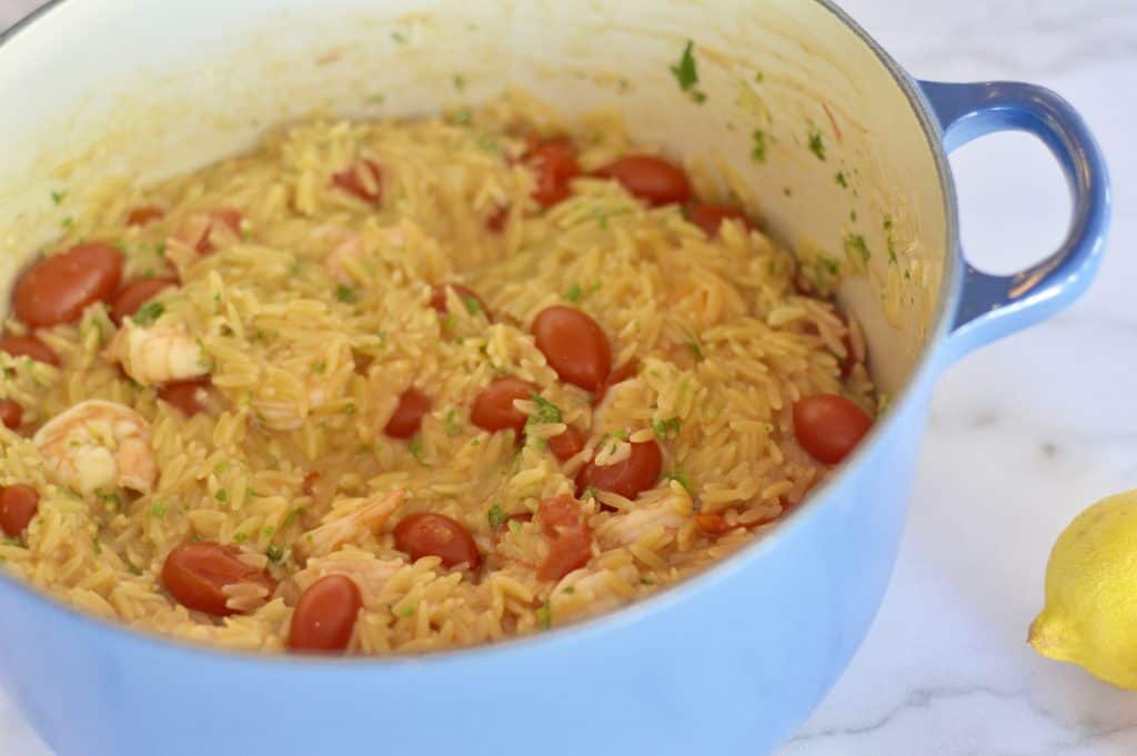 One Pot Shrimp Orzo Tomatoes Lemon This Delicious House