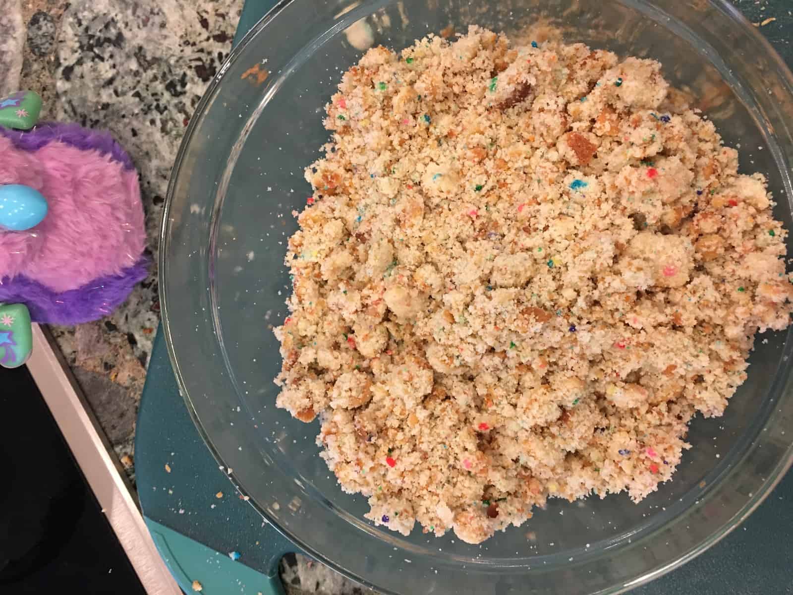 leftover crumbs in a glass bowl. 