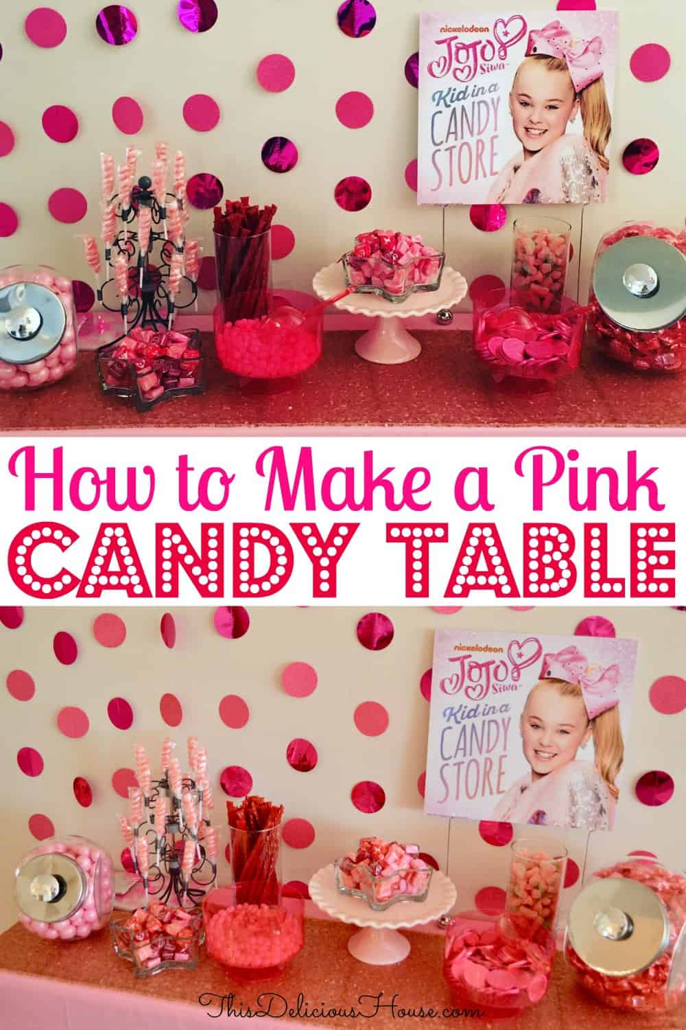 pink candy table Pinterest pin. 