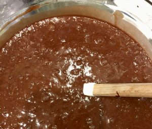 Batter in bowl for Chocolate toffee caramel cake
