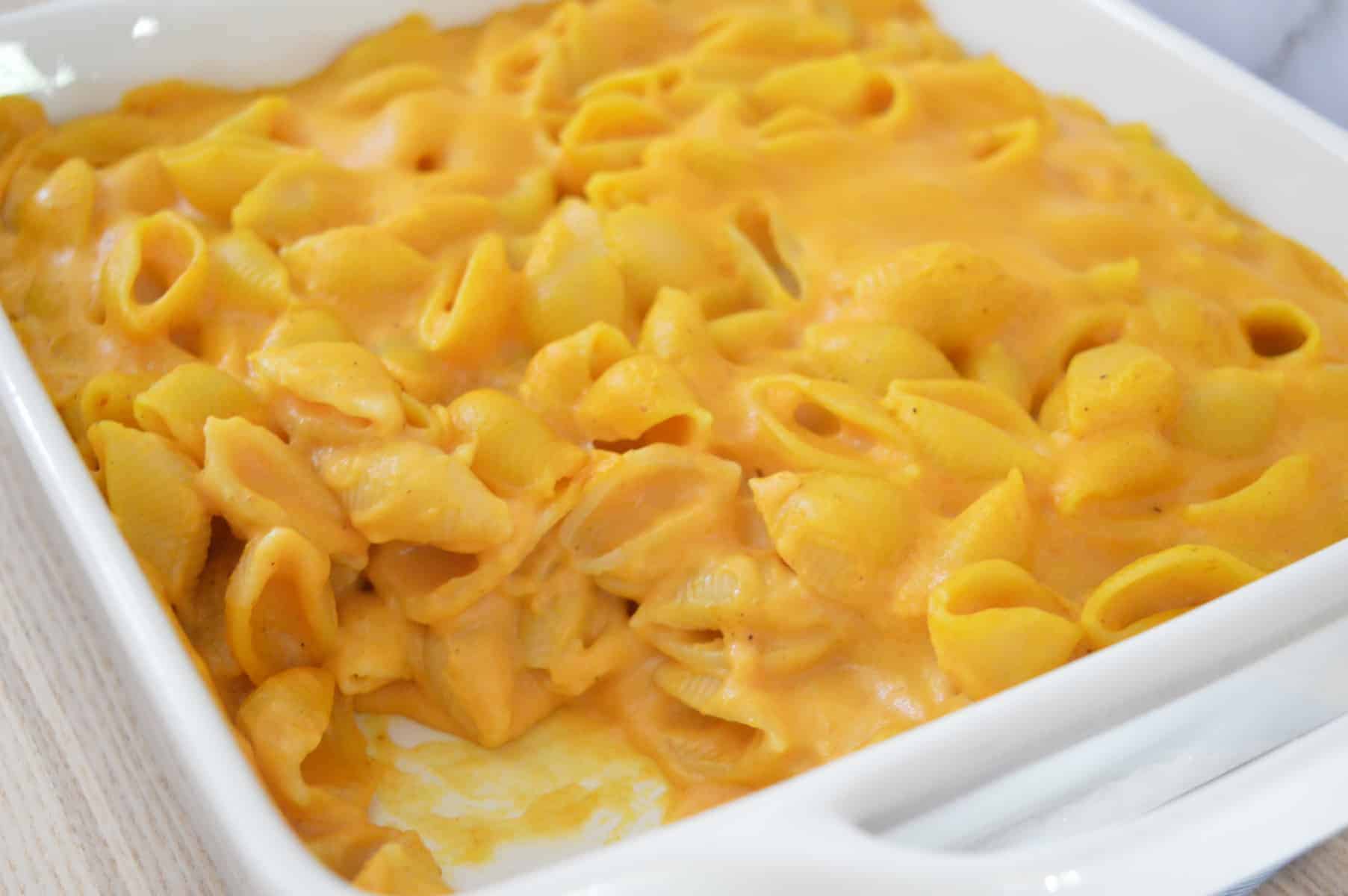 pumpkin Mac and cheese in a white serving plate