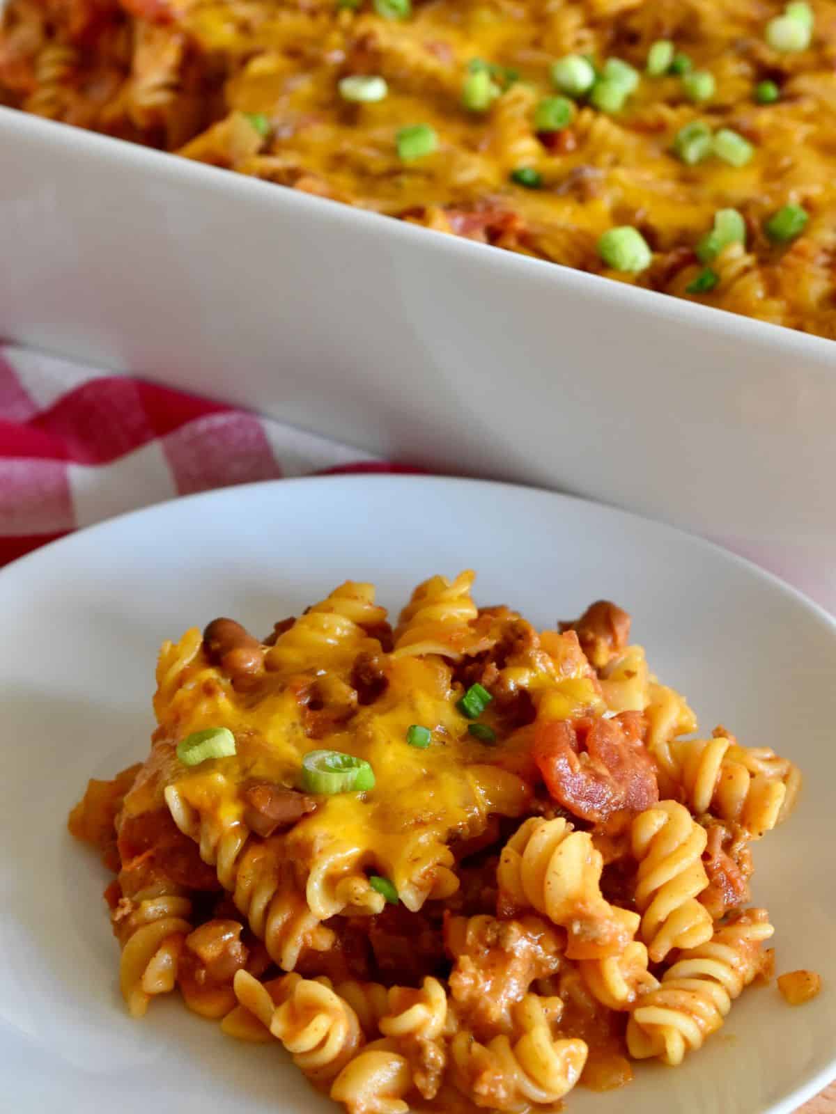 Chili Pasta Bake in a white baking dish