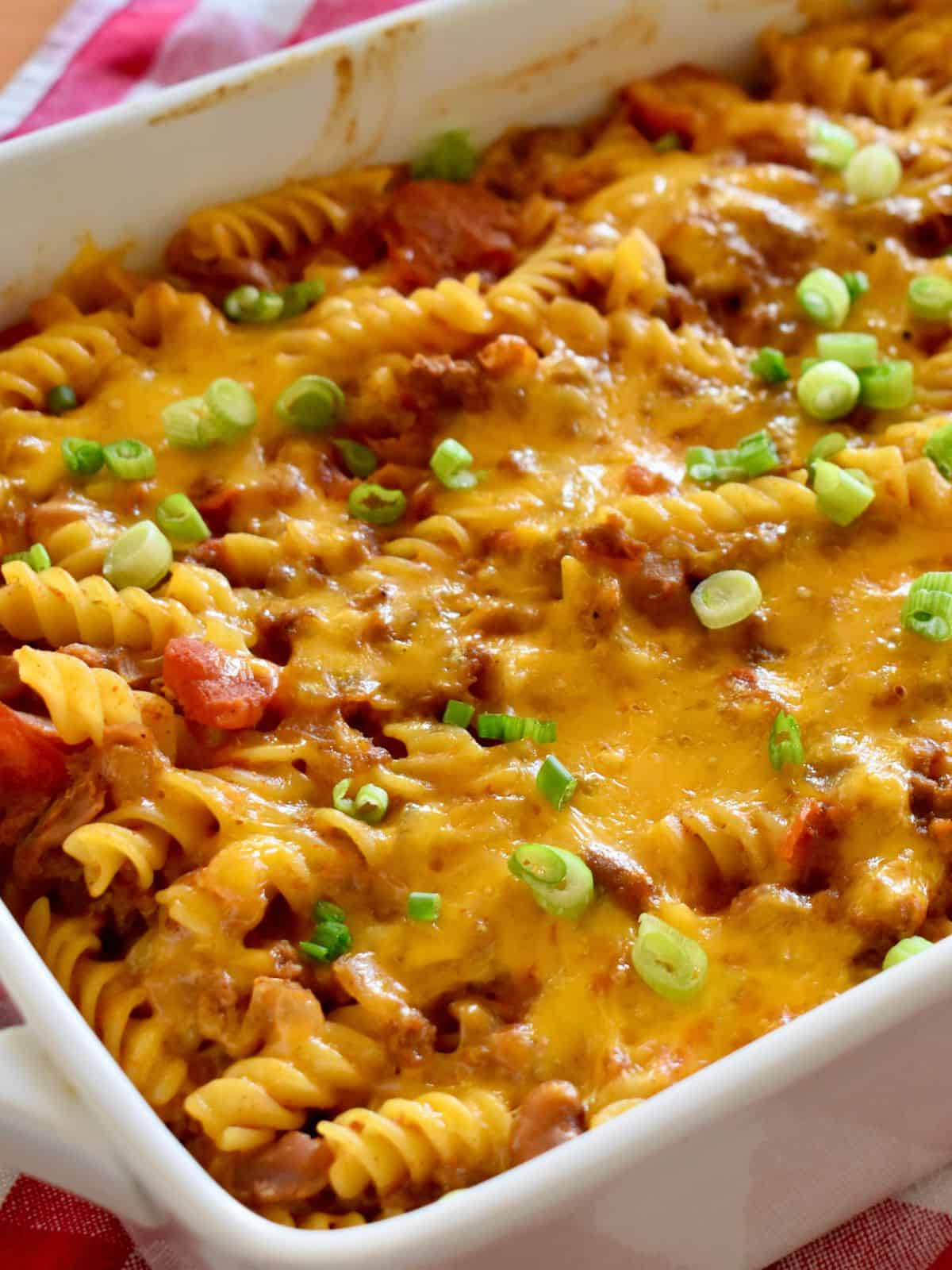 Chili Pasta Bake in a white baking dis. 