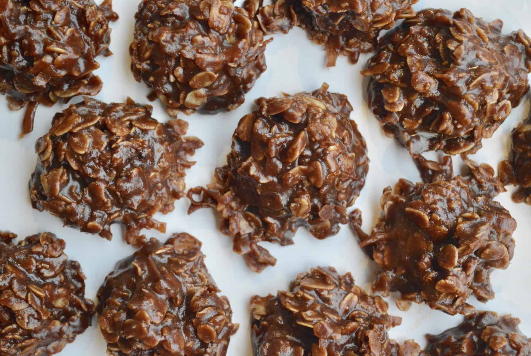 No-Bake Chocolate Coconut cookies on a white plate