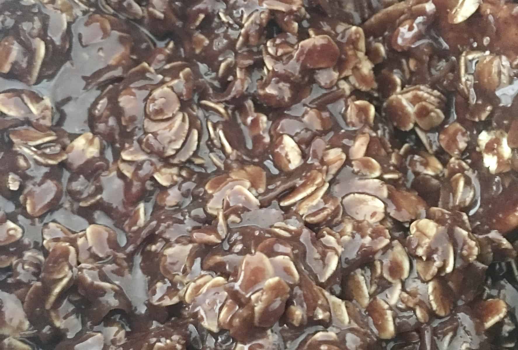 close up of the batter for No Bake Chocolate Coconut Cookies. 