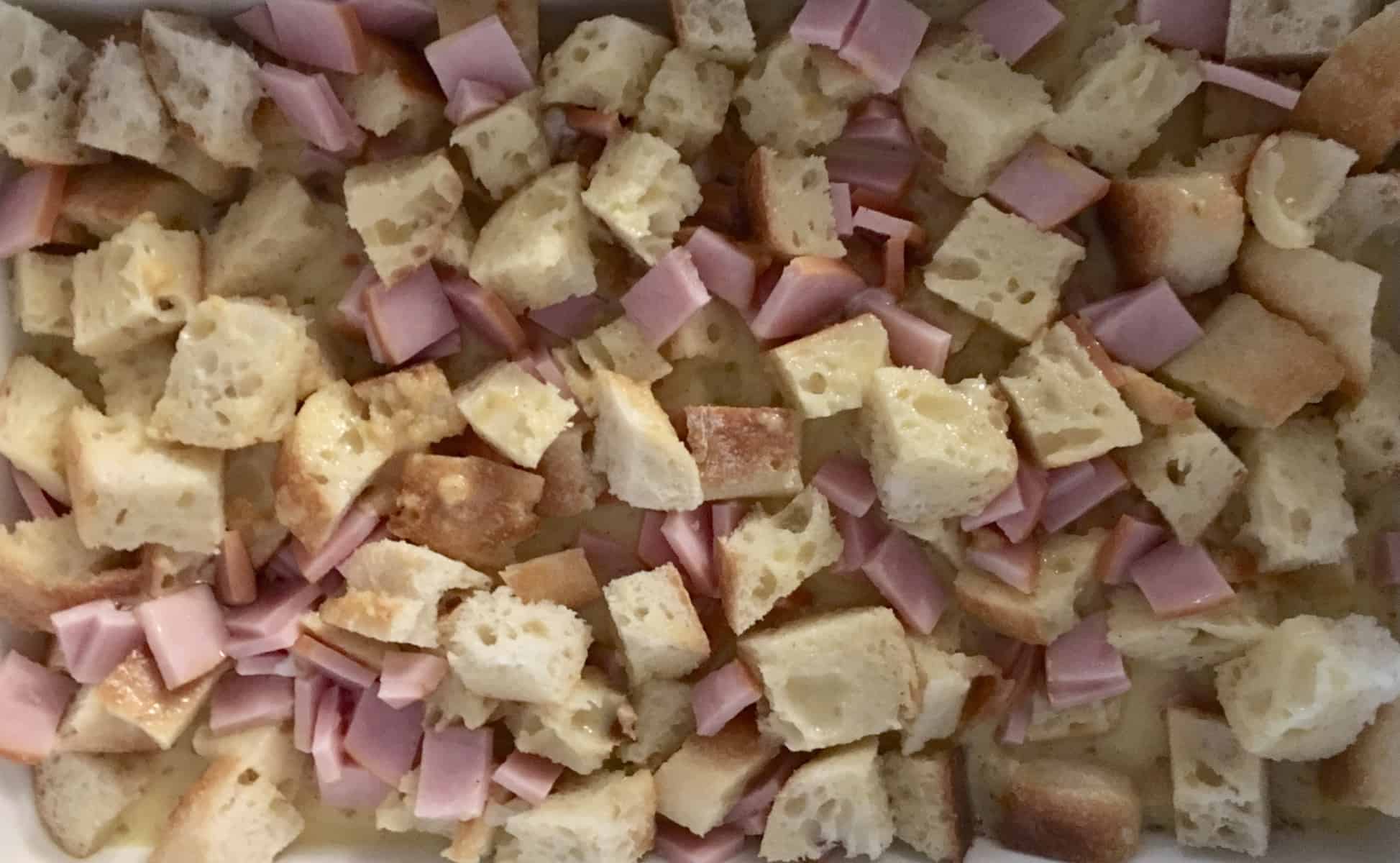 custard mixture added into the baking dish. 