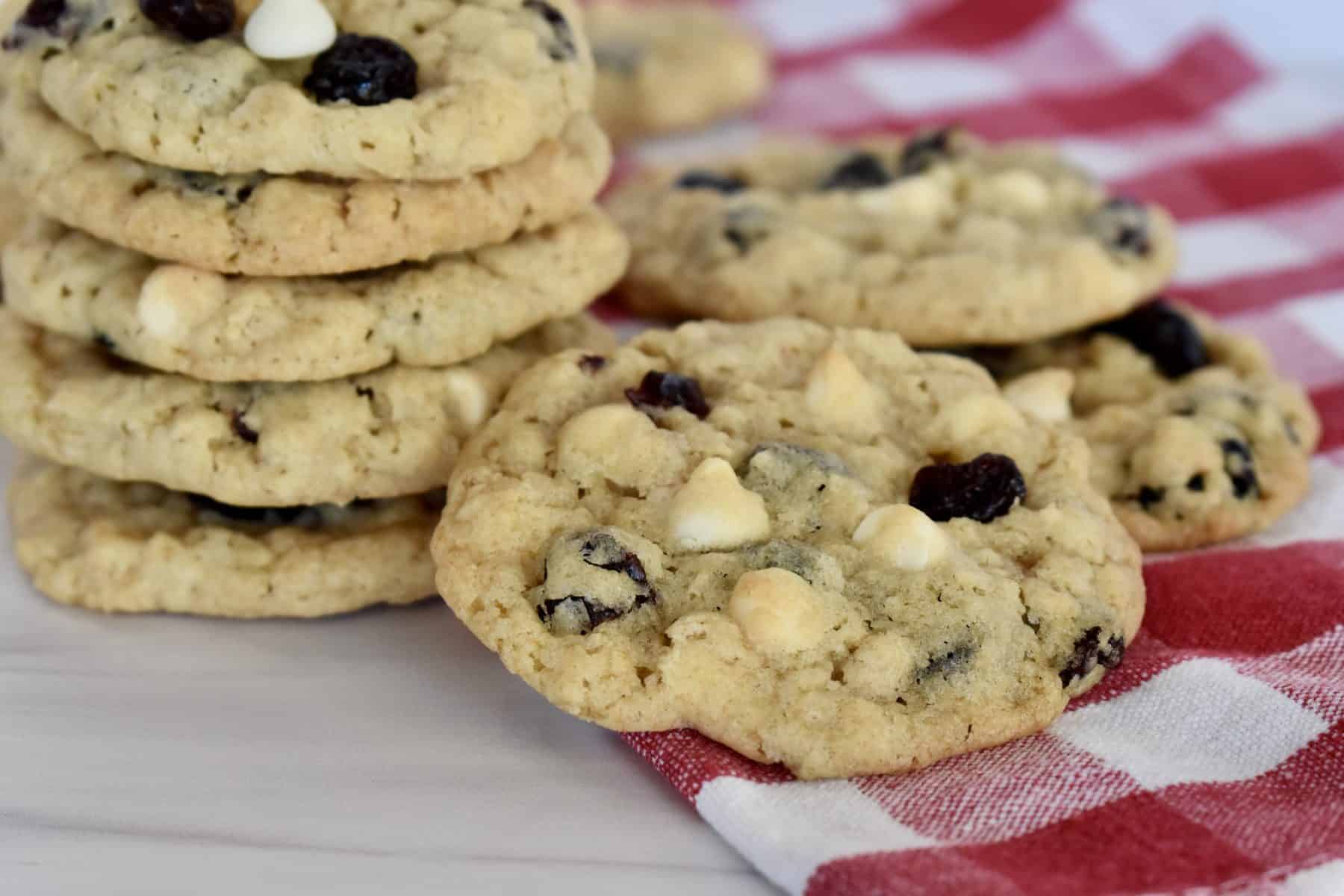 Cranberry White Chocolate Cookie on a checkered napkin. 