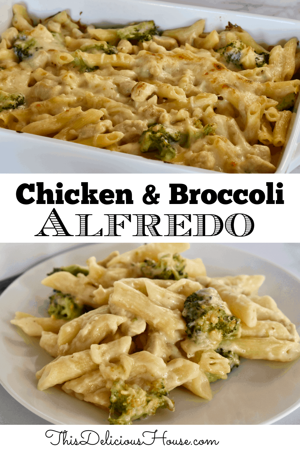 Baked Chicken Broccoli Alfredo on a plate. 