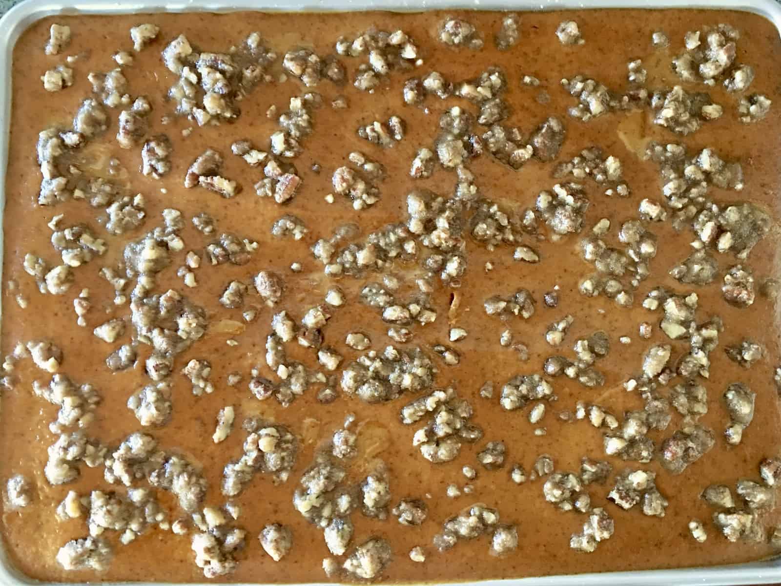 pumpkin pie bars with pecan topping baked in a sheet pan 