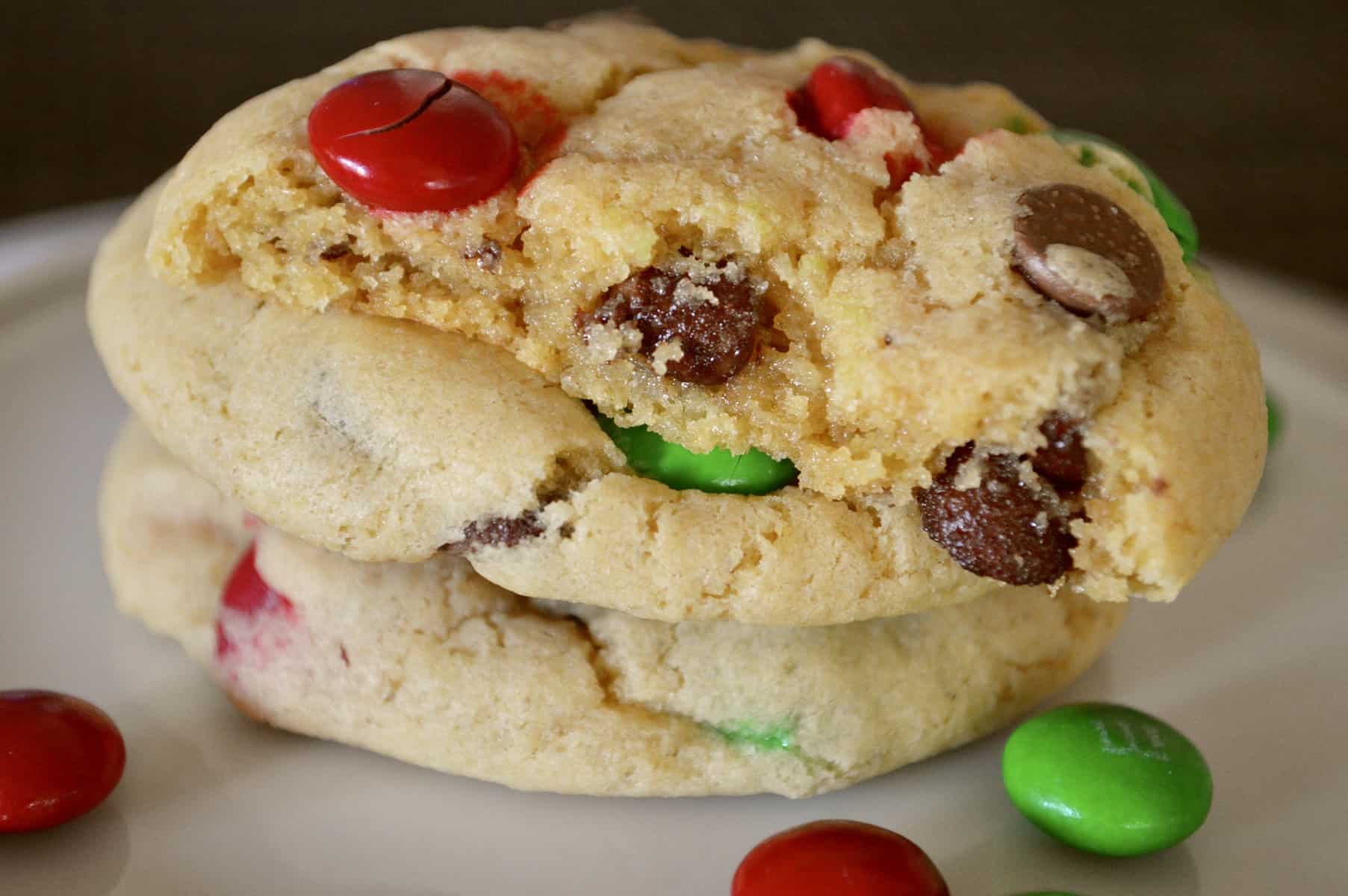 Christmas M&M cookies with red and green M&M's on a white plate