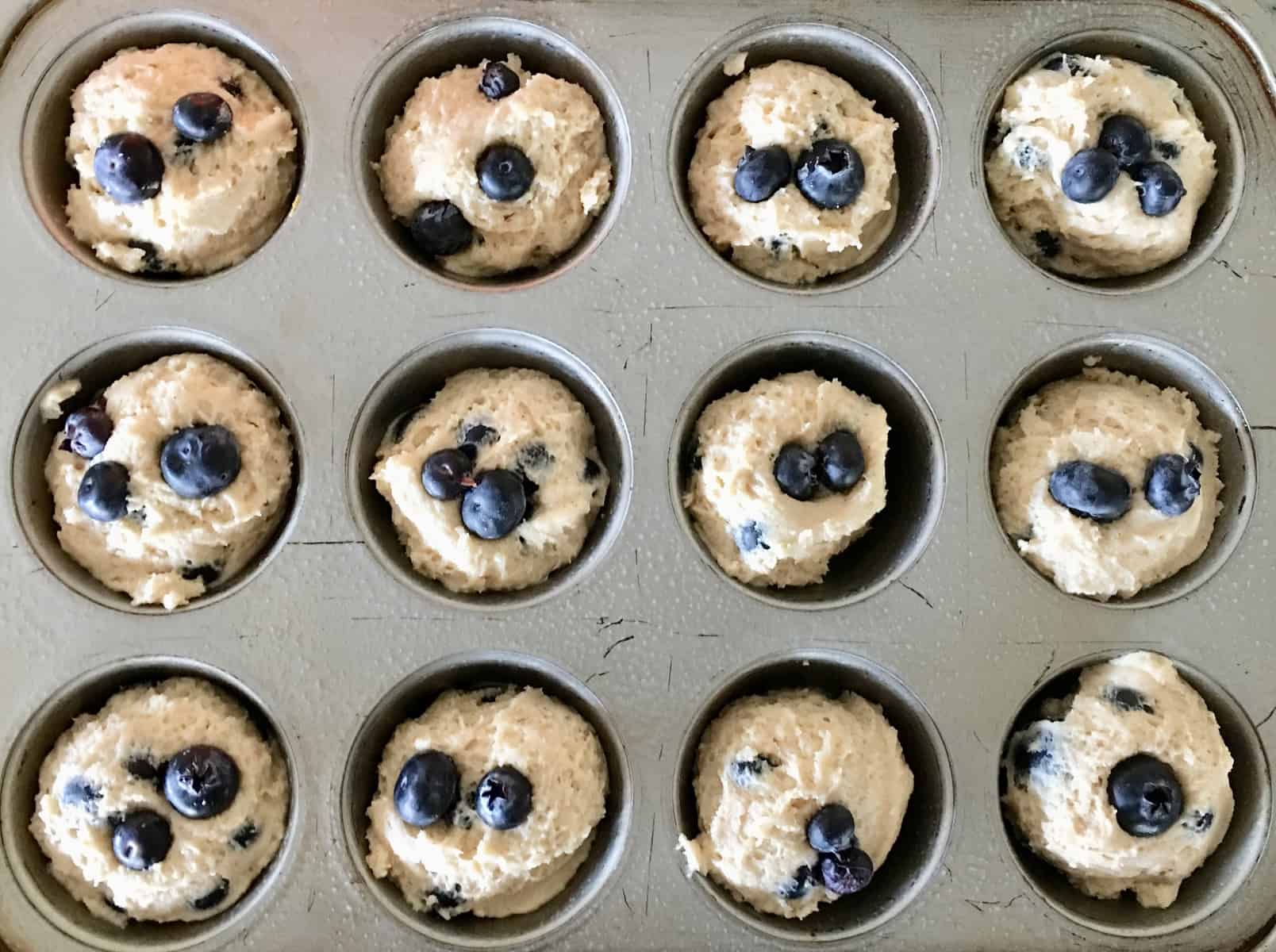 blueberry muffin batter in a muffin tin 