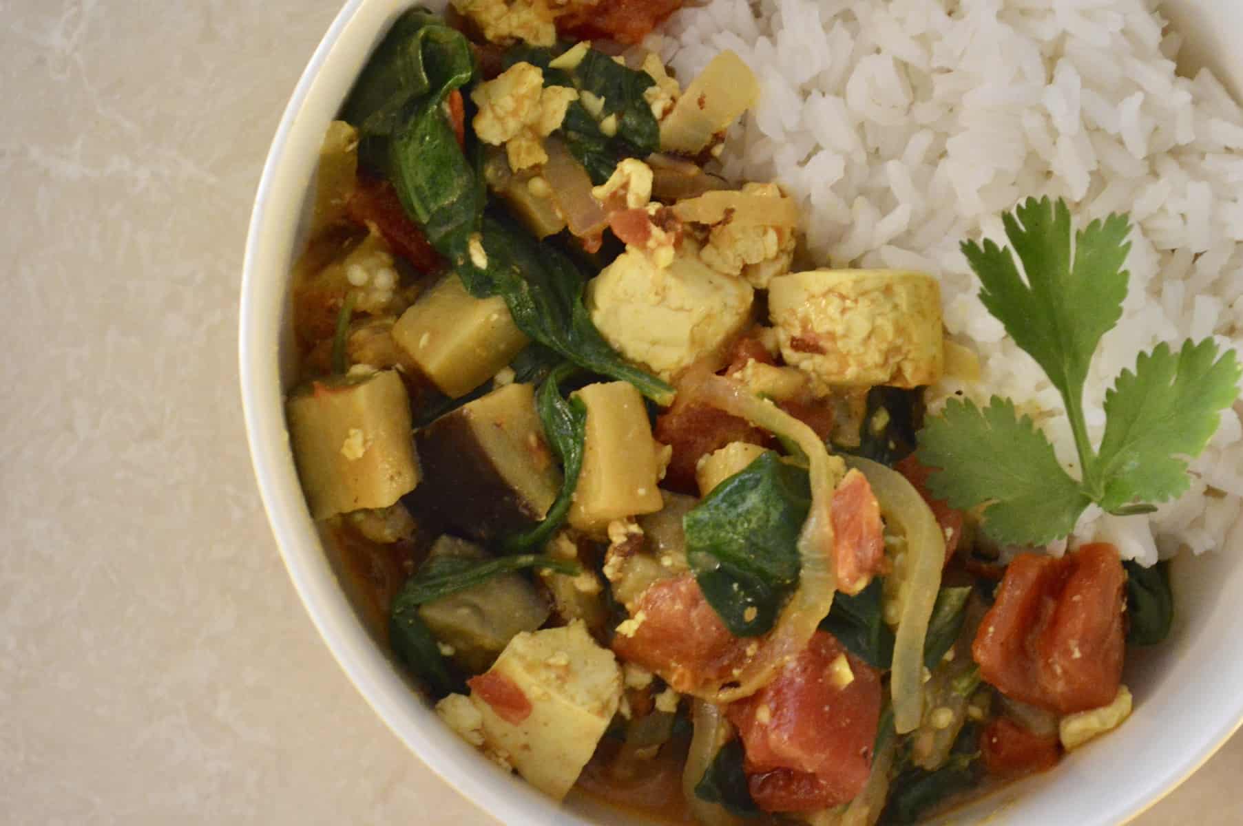 Tofu Eggplant Curry in a bowl with rice 