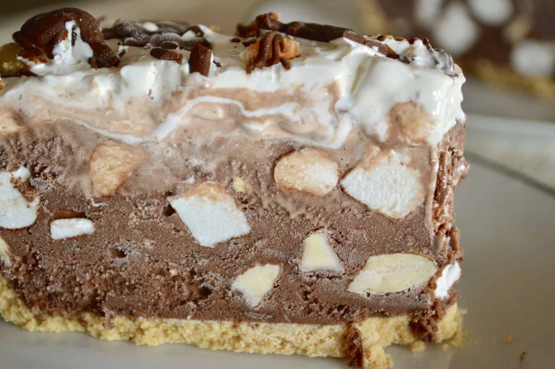 rocky road ice cream pie with large chunks of almonds and mini marshmallows in chocolate ice cream 