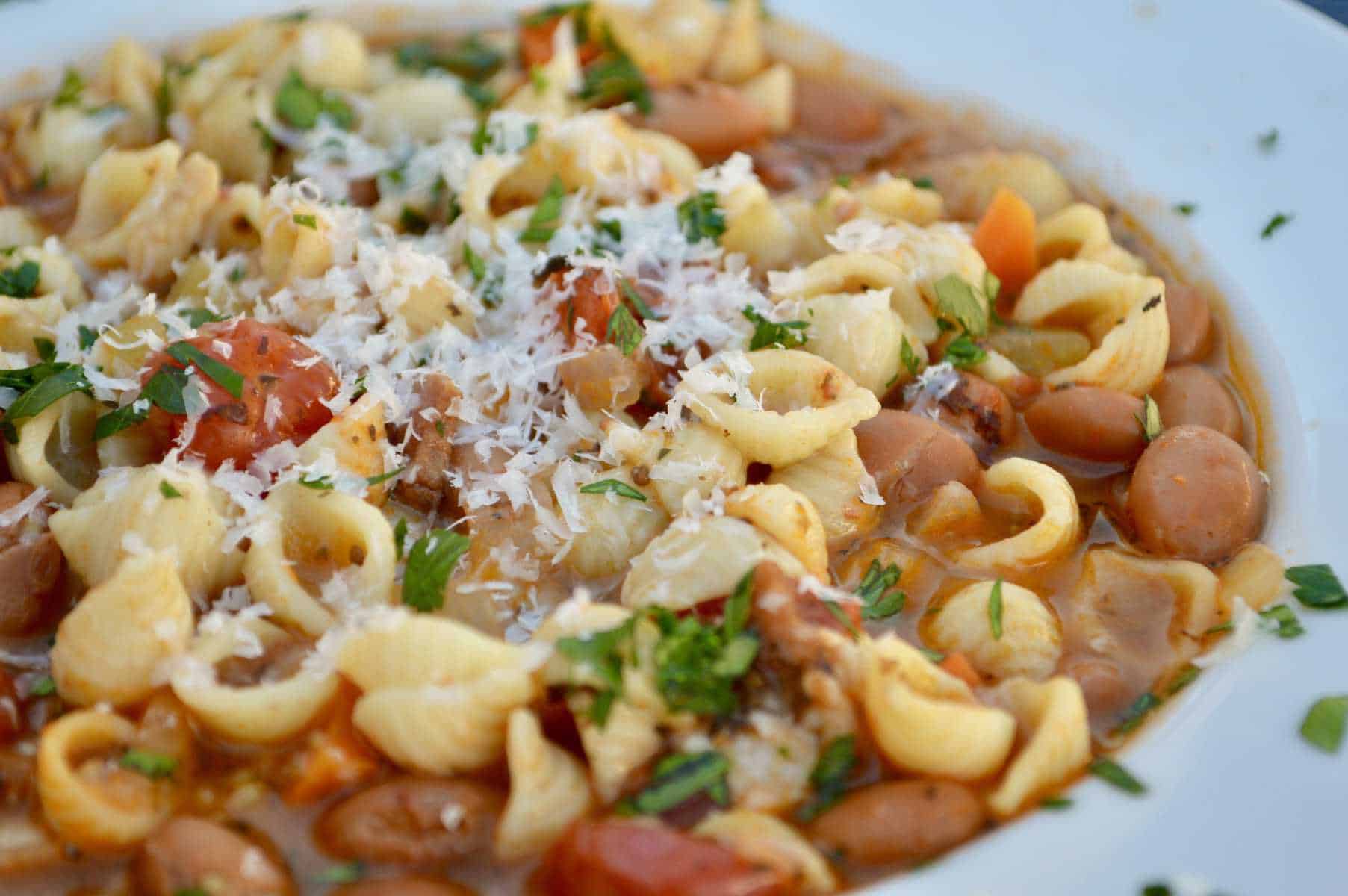 pasta e fagioli soup in a white bowl 