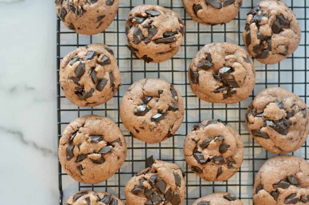 chocolate cookies cooling on a cooling rack