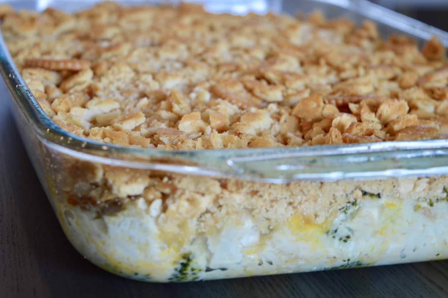 glass pan of chicken broccoli rice ritz casserole 