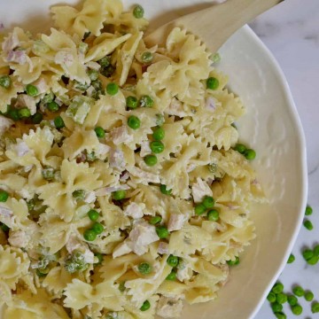 Rotisserie Chicken Pasta salad in a white bowl