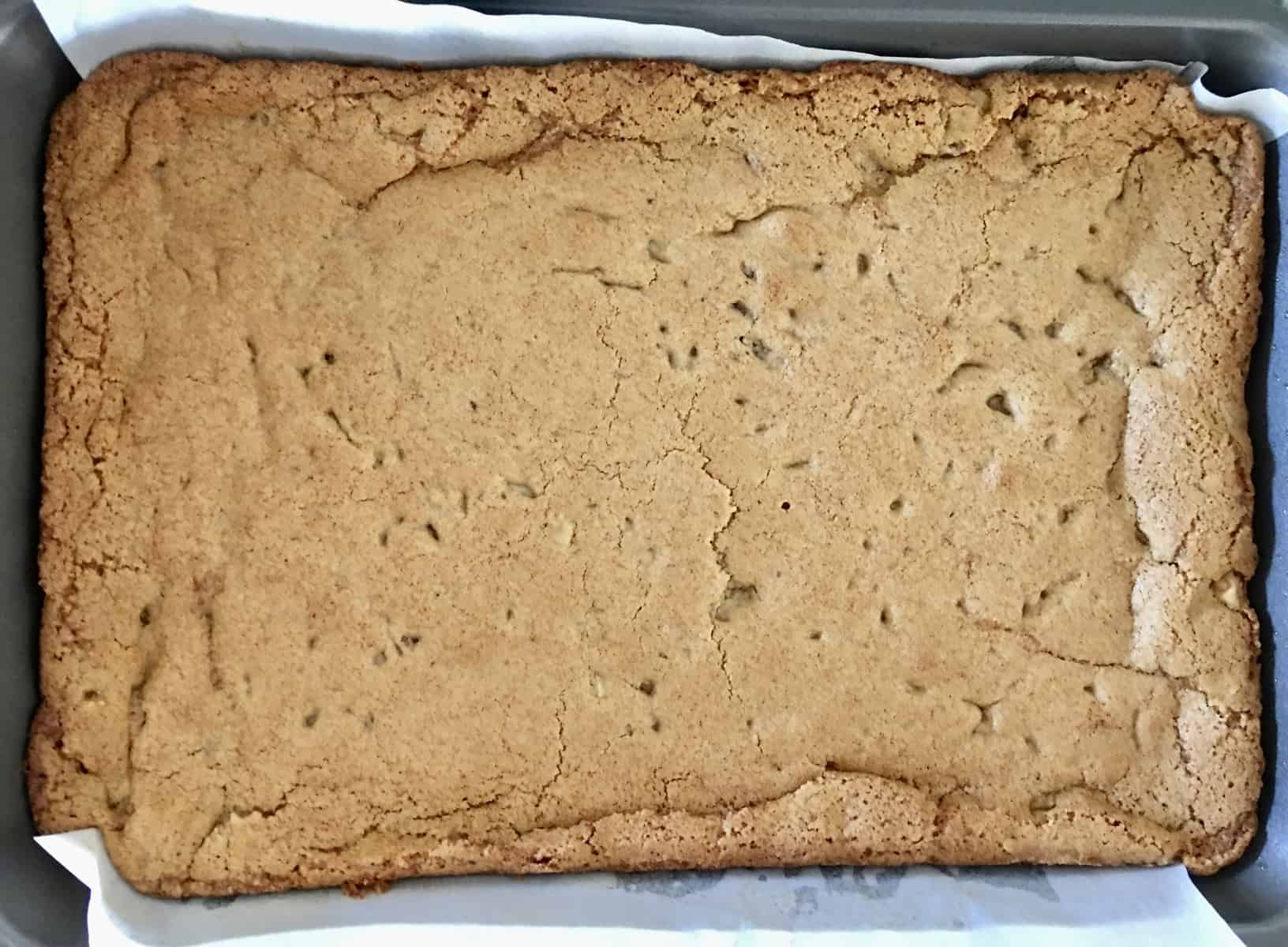 butterscotch blondies in baking pan 