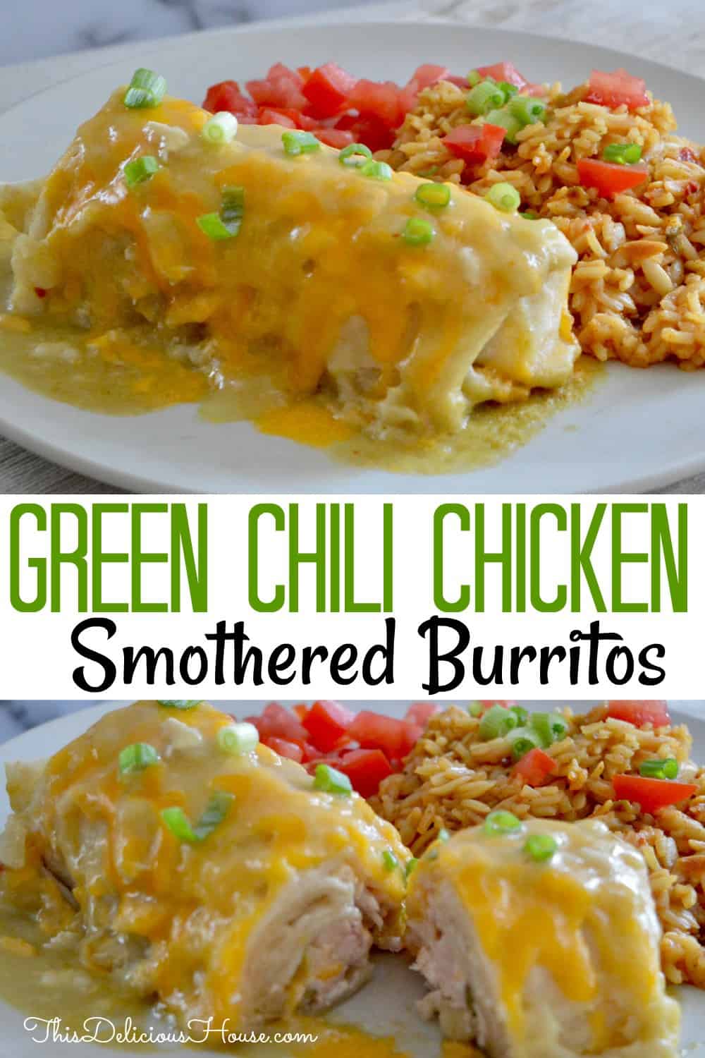 Green Chili Chicken Burrito pinterest pin. 