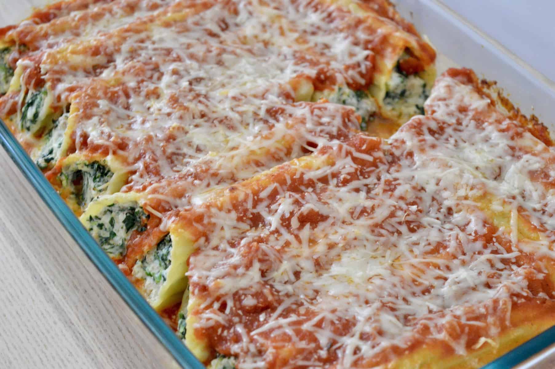 Turkey Spinach Manicotti in a baking pan.