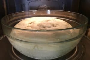 dough rising in greased bowl in microwave.