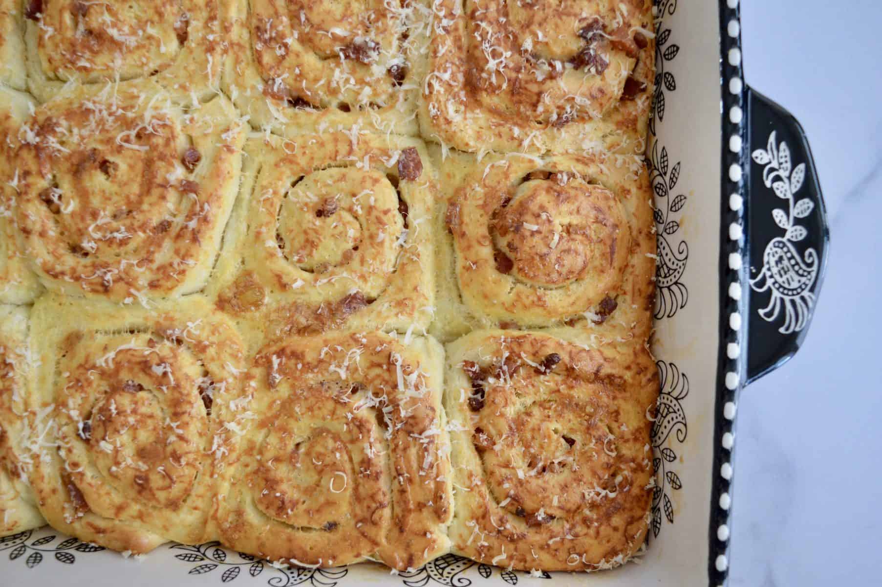 Pinwheel Bread rolls in a baking pan. 