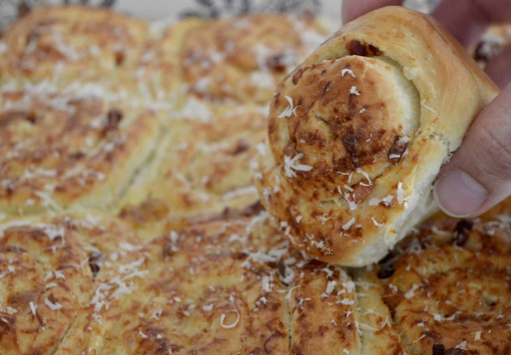 bacon and parmesan pinwheel bread rolls. 